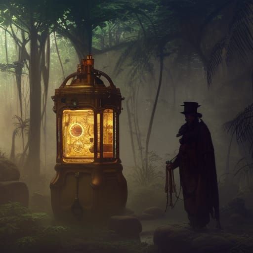 curio cabinet time machine in a prehistoric jungle  by @Chief_Runs-with-scissors