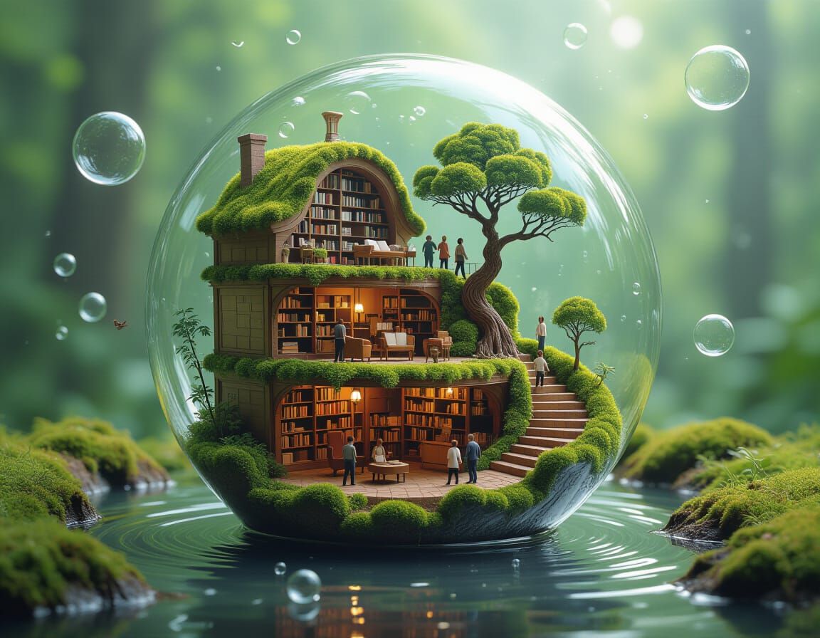 surreal scene featuring a beautifully sculpted moss covered multi level miniature library, emerging from ...  by @Spearmint
