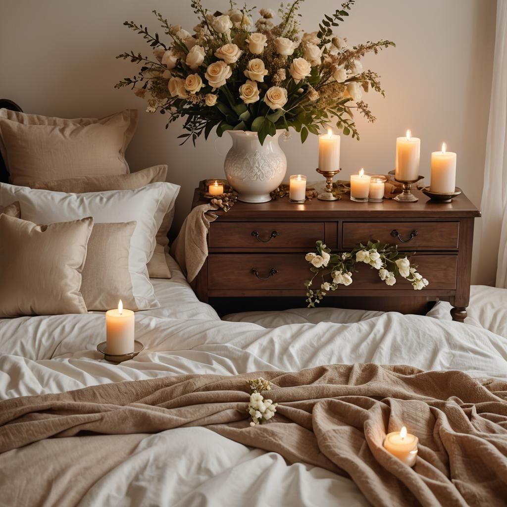 Cozy Bedroom with European-Style Bedding and Warm Light