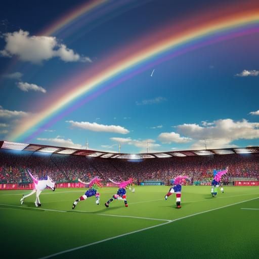 Colorful Unicorns Play Soccer on Rainbow Field