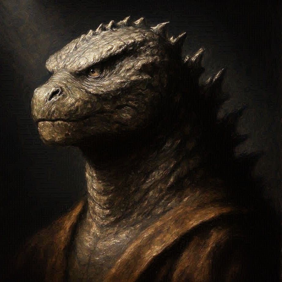 Regal Godzilla (after Caravaggio), 2025 Digital chiaroscuro.