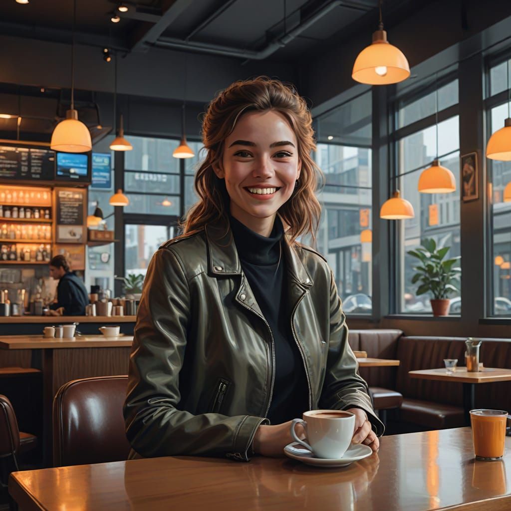 Future Digital Fantasy in Minimalist Coffee Shop Setting