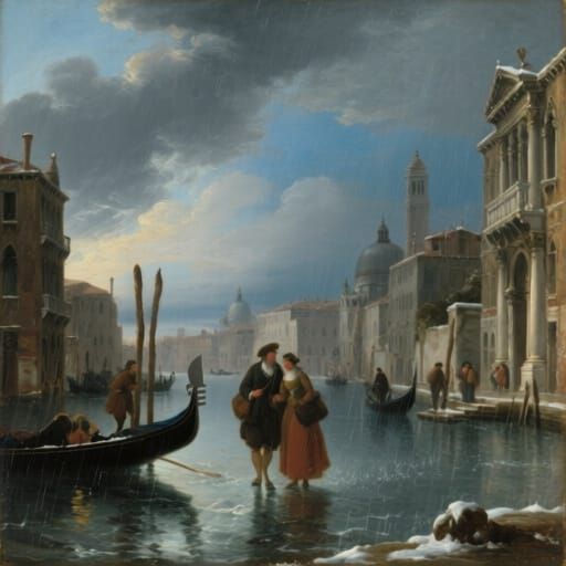 "Rain outside soaks hundreds passing by."