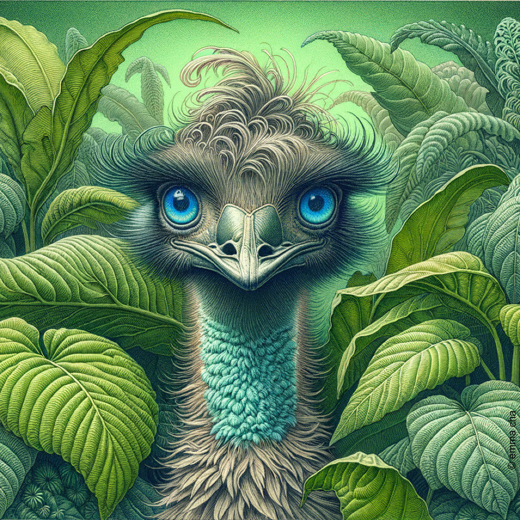 Disheveled Blue-Eyed Emu in the Jungle