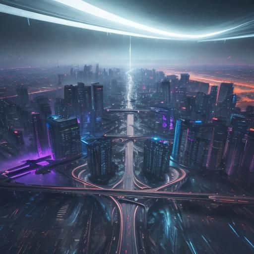 Futuristic Highway Interchange with Neon Lights and Steel Cu...