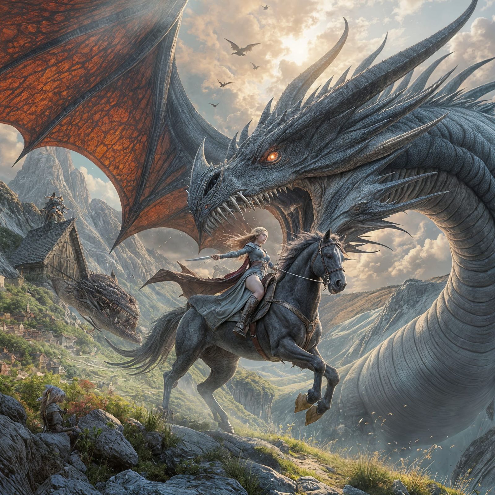 Dragon Attack on Elf Warrior in Shire Landscape