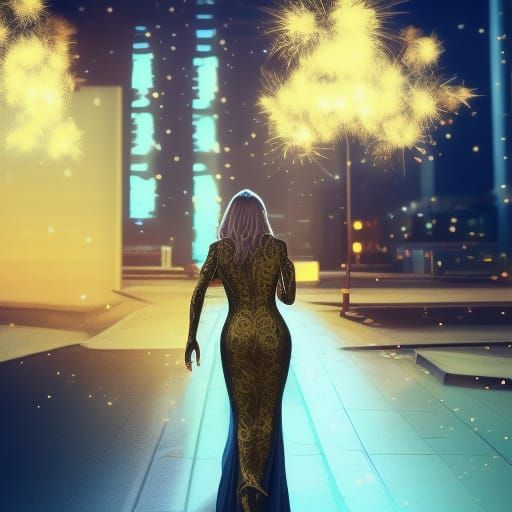 Lady, face not showing at all, gold evening dress, long blon...