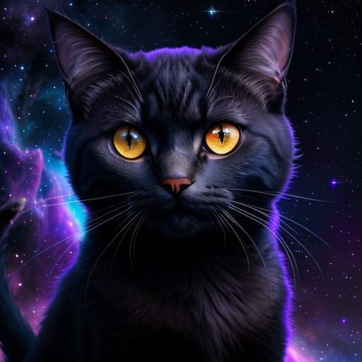 Cat Gazing at Cosmic Nebula Digital Painting