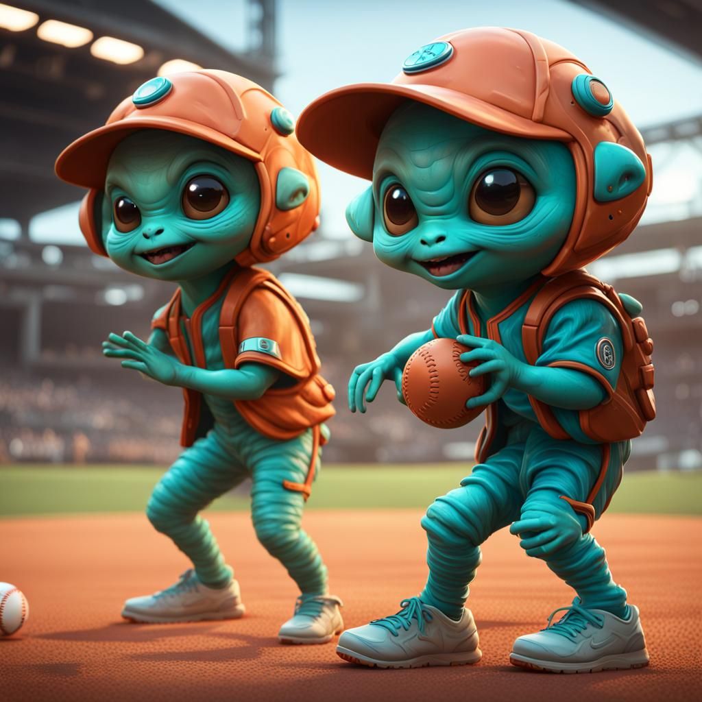 Cute, photorealistic Aliens playing baseball