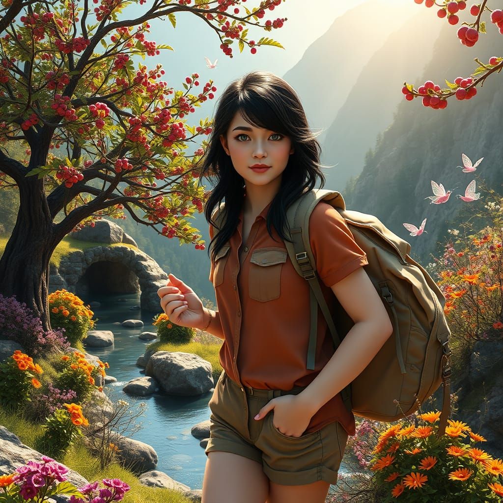 A Hawthorn tree full of berries stands beside a fairy spring encircled by ferns and wildflowers, with a warm, golden light casting dappled s...