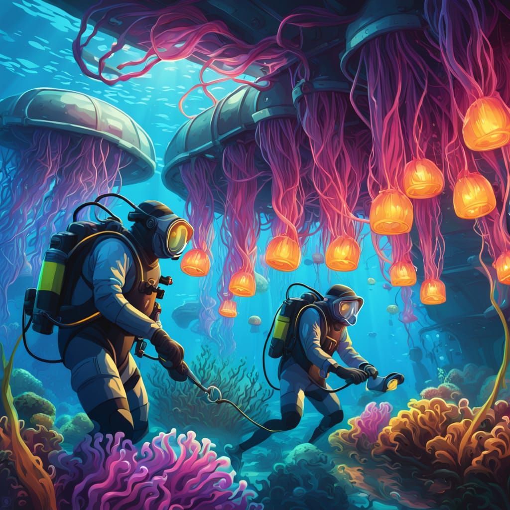 Concept art. Medium shot. Sci-fi workers in scuba gear at work , Bertha an underwater farm cultivating ...  by @Fiet-popularis