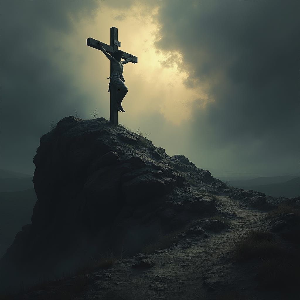 Crucifixion on Golgotha Hill in Dark, Ominous Atmosphere