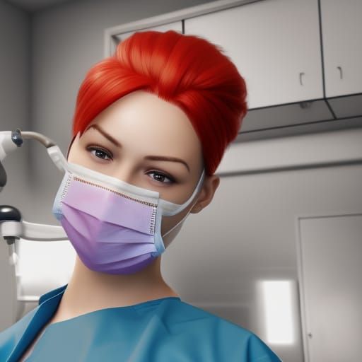 Female dentist with Red hair wearing gloves and a surgical m...