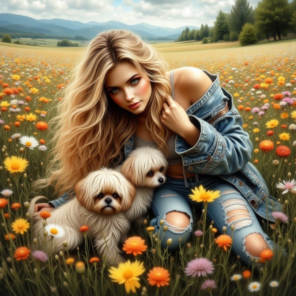 <lora:CreepilySurreal:1.0> <lora:Flax:1.0> <lora:Beautiful women:1.0> Beautiful women is in an open field filled with wild flowers laying in...