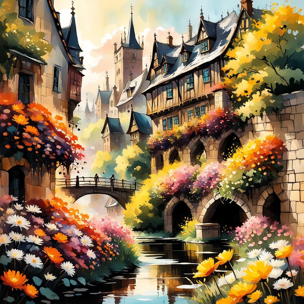 Bavarian Cityscape with Chrysanthemums: Impasto Gouache Pain...