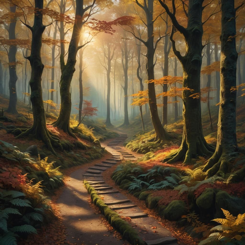 a path in the woods, autumnal colors