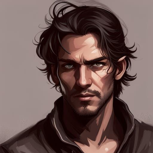 male rugged young pirate with brown messy hair and dark eyes. Looks ...