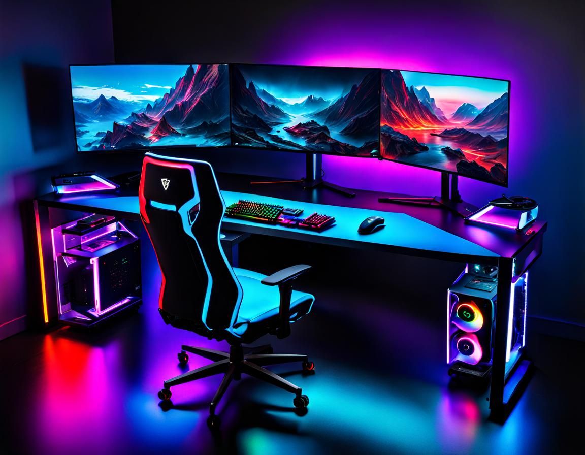 the ultimate gaming setup with powerful PCs, colorful RGB lighting, and ...