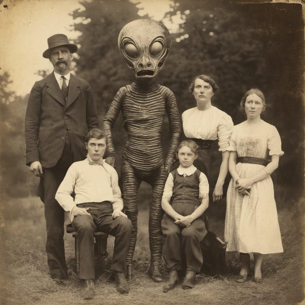 Old family photo with creature - AI Generated Artwork - NightCafe Creator