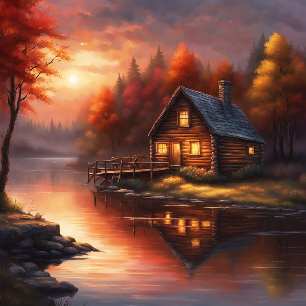 Cozy log cabin with warm glowing windows and a large horse on the side of the cabin, nestled by a peaceful lake at sunset, surrounded by aut...