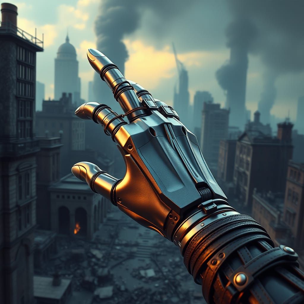 side view of a mechanical shiny hand with leather bracelets and an extended index finger, against the backdrop of a crumbling city