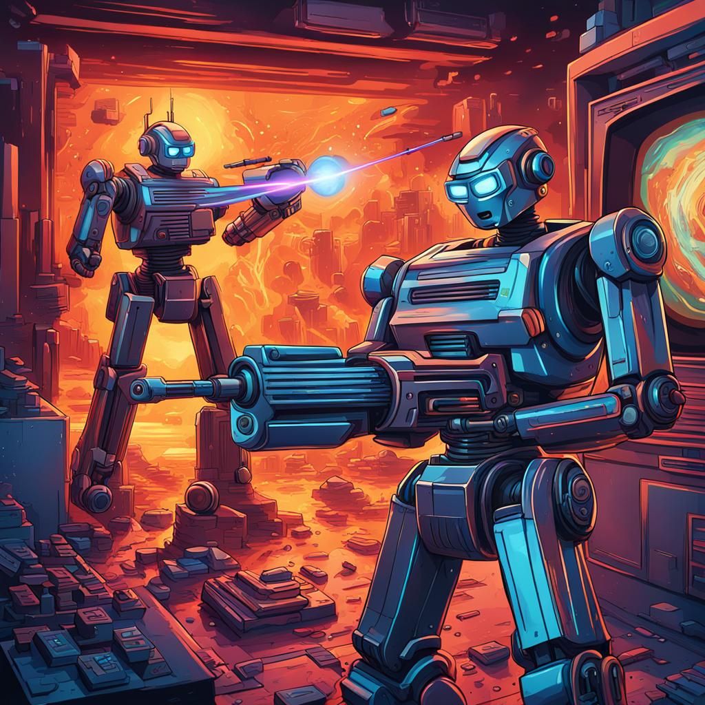 Endless Loop of scenes of robot firing a laser gun at a robo...