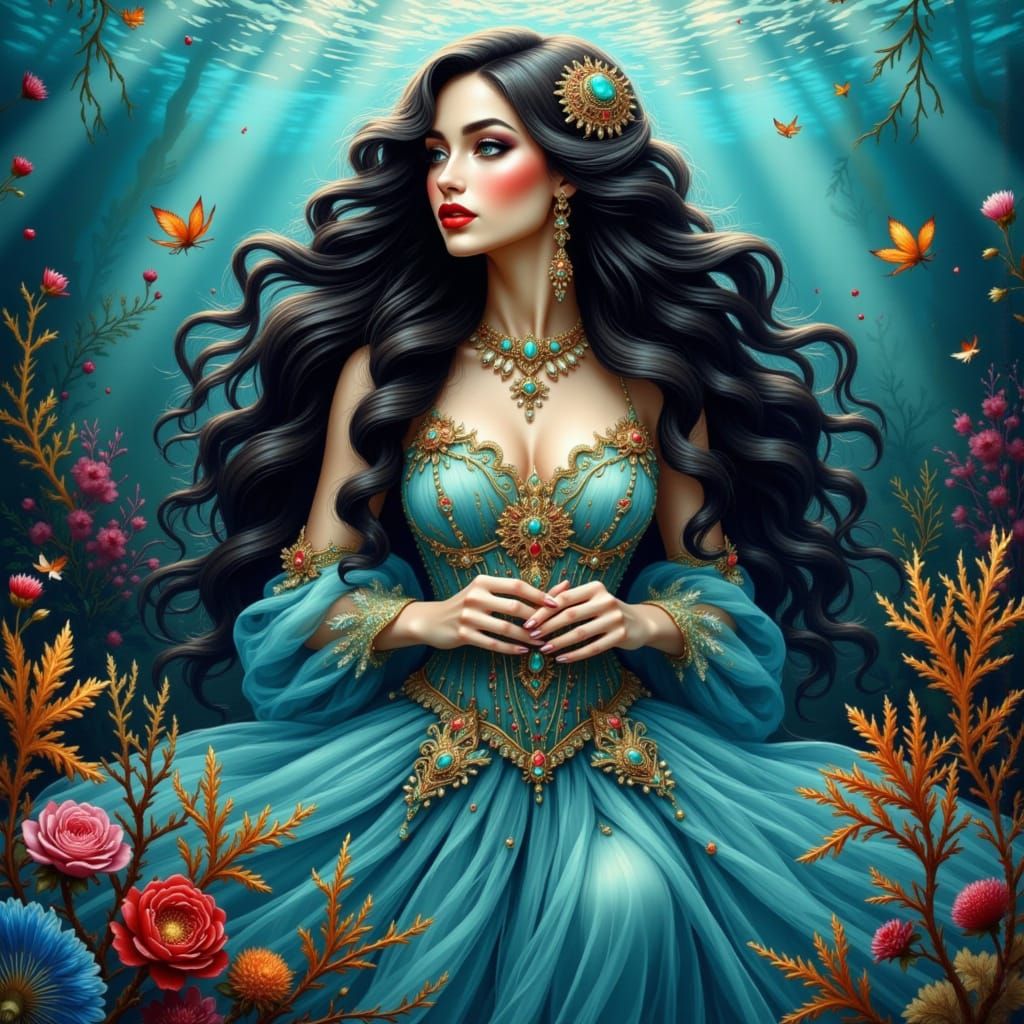 Mystical Mermaid Adorned in Gold and Pearls