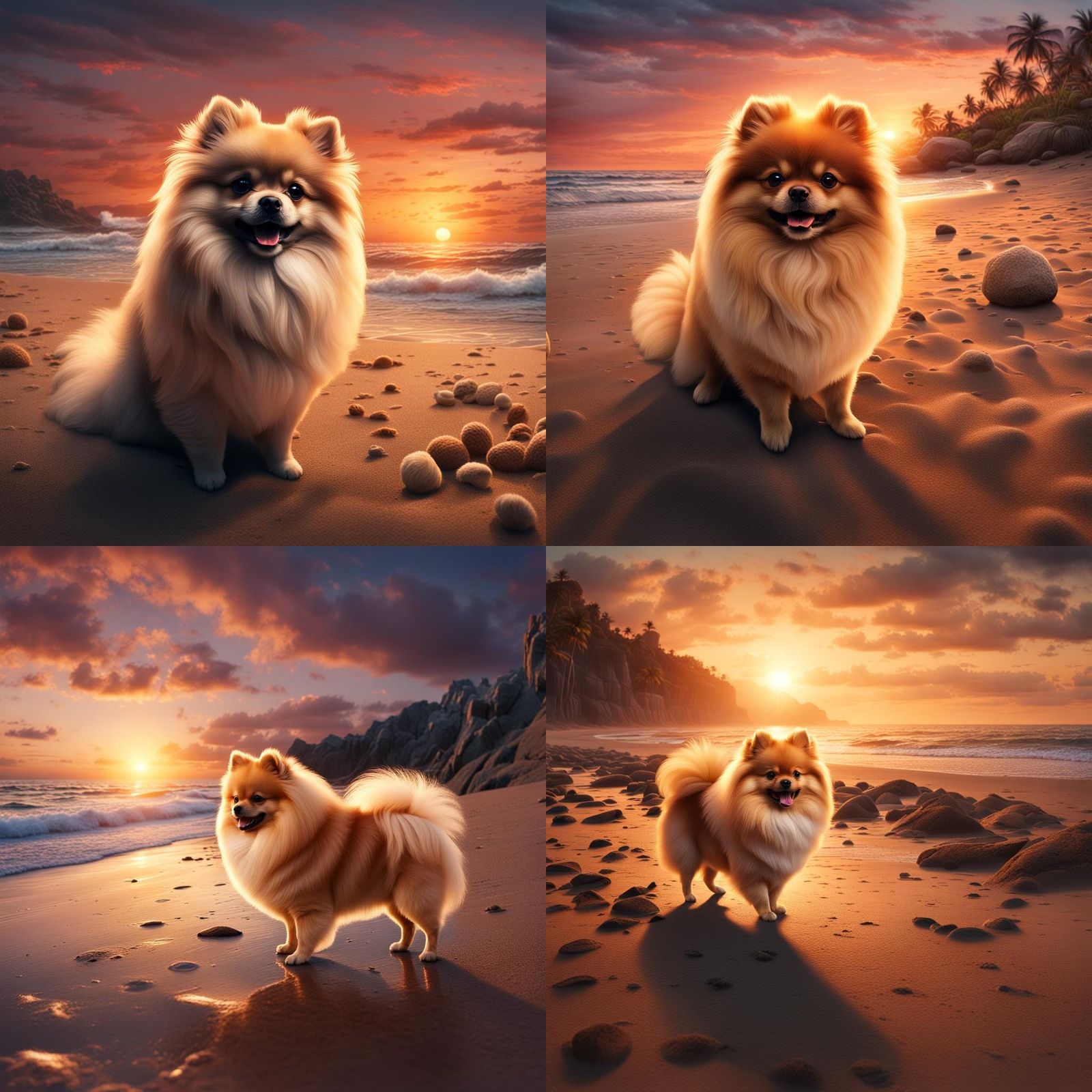 Pomeranian on a beach with sunset