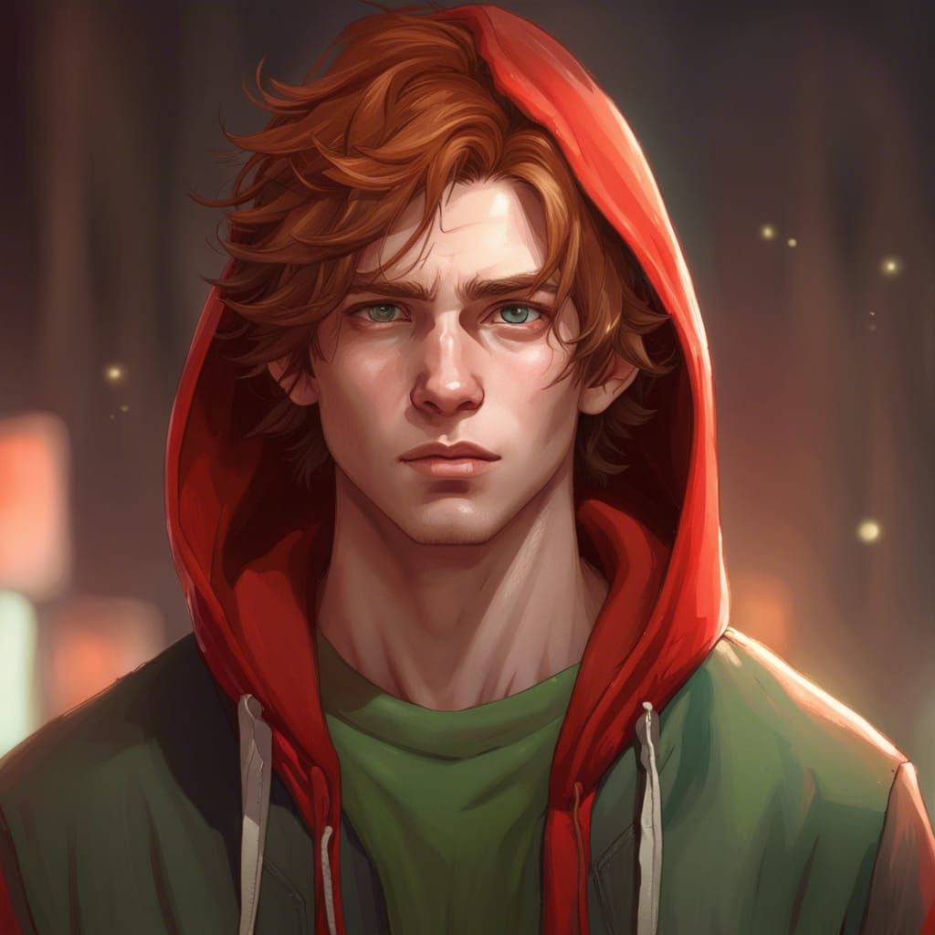 A teenage boy around 19 with pale skin, messy fluffy dark gi...