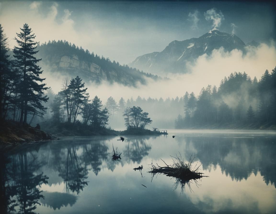 Ethereal Cyanotype Landscapes Floating Wisp Ghost Lake Fog F...