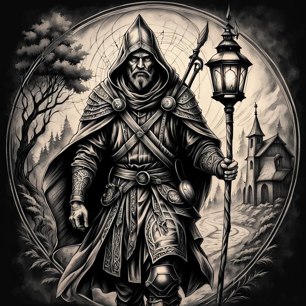 Tattoo design Noble warrior catholic pilgrim walker with sta...