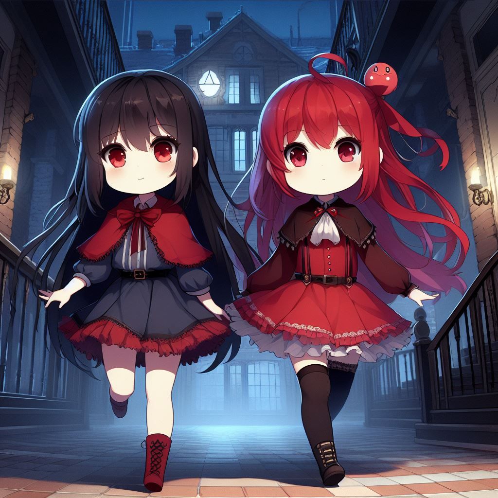 Moon and Red exploring a haunted mansion