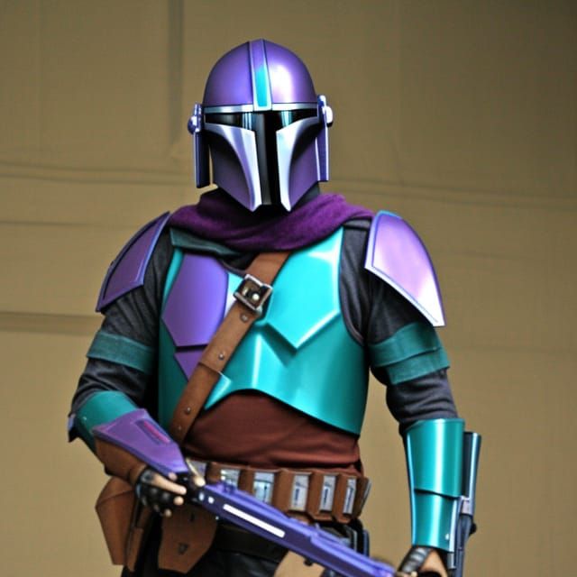 a sharpshooting Mandolorian in teal and purple armor