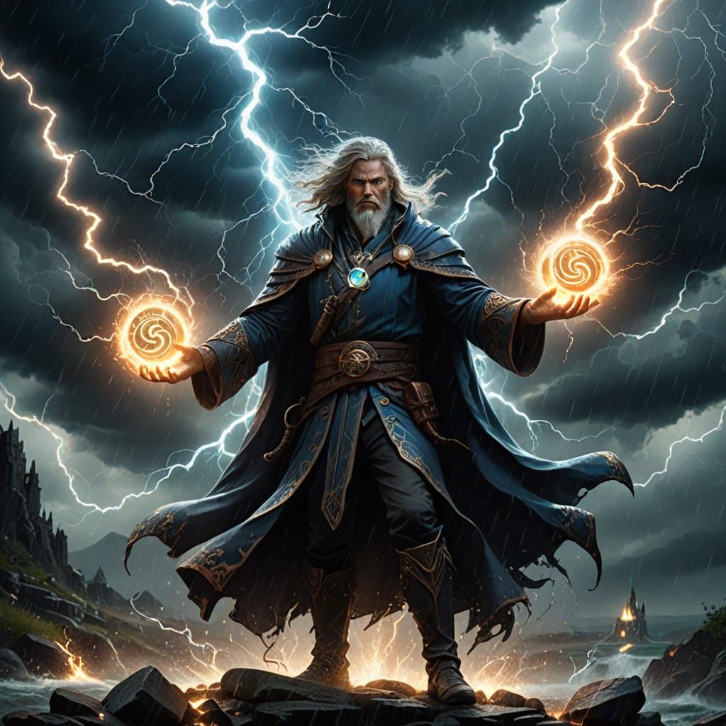 Epic portrait of a powerful sorcerer standing at the center of a glowing magical aura. Their hands and staff emit streams of shimmering ener...