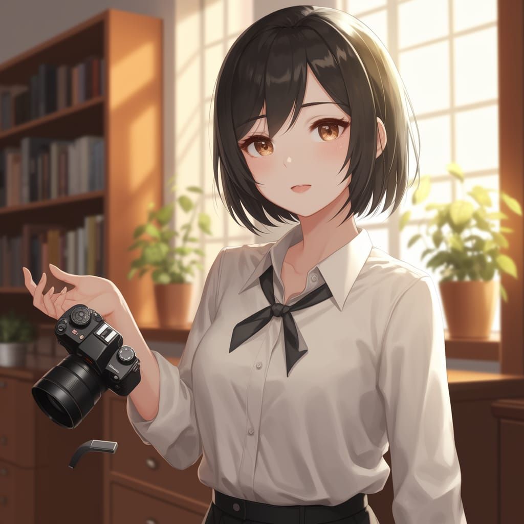 Anime Woman Mourns Damaged Digital Camera in Cozy Room