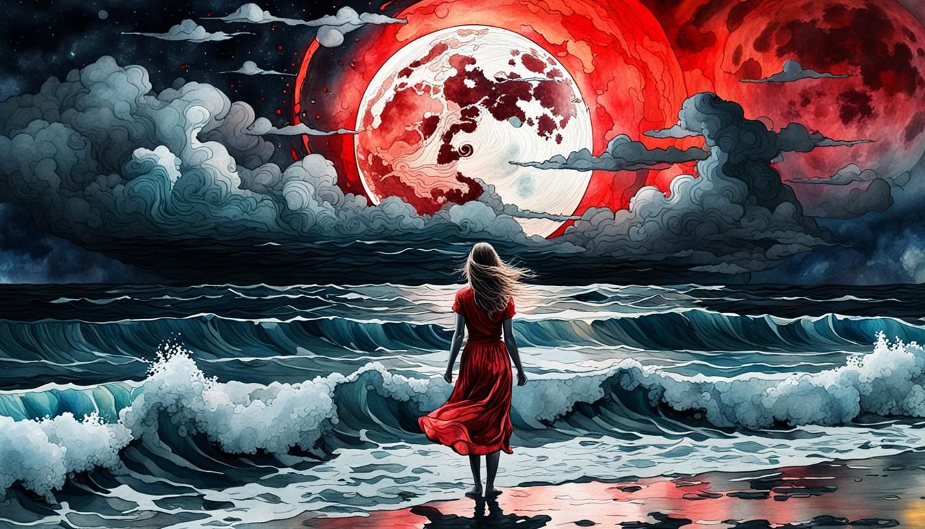 woman and ocean under red full moon