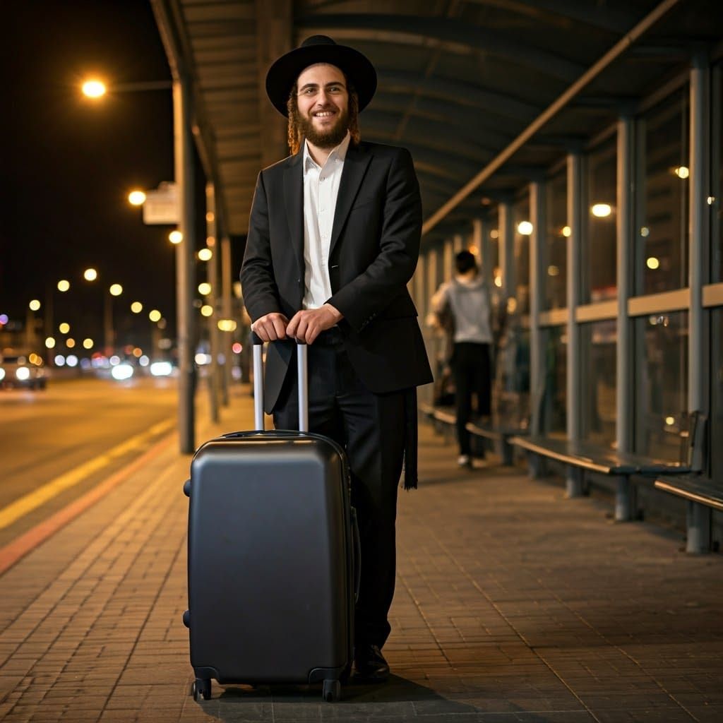 Hasidic Man Awaits Bus with Anticipation