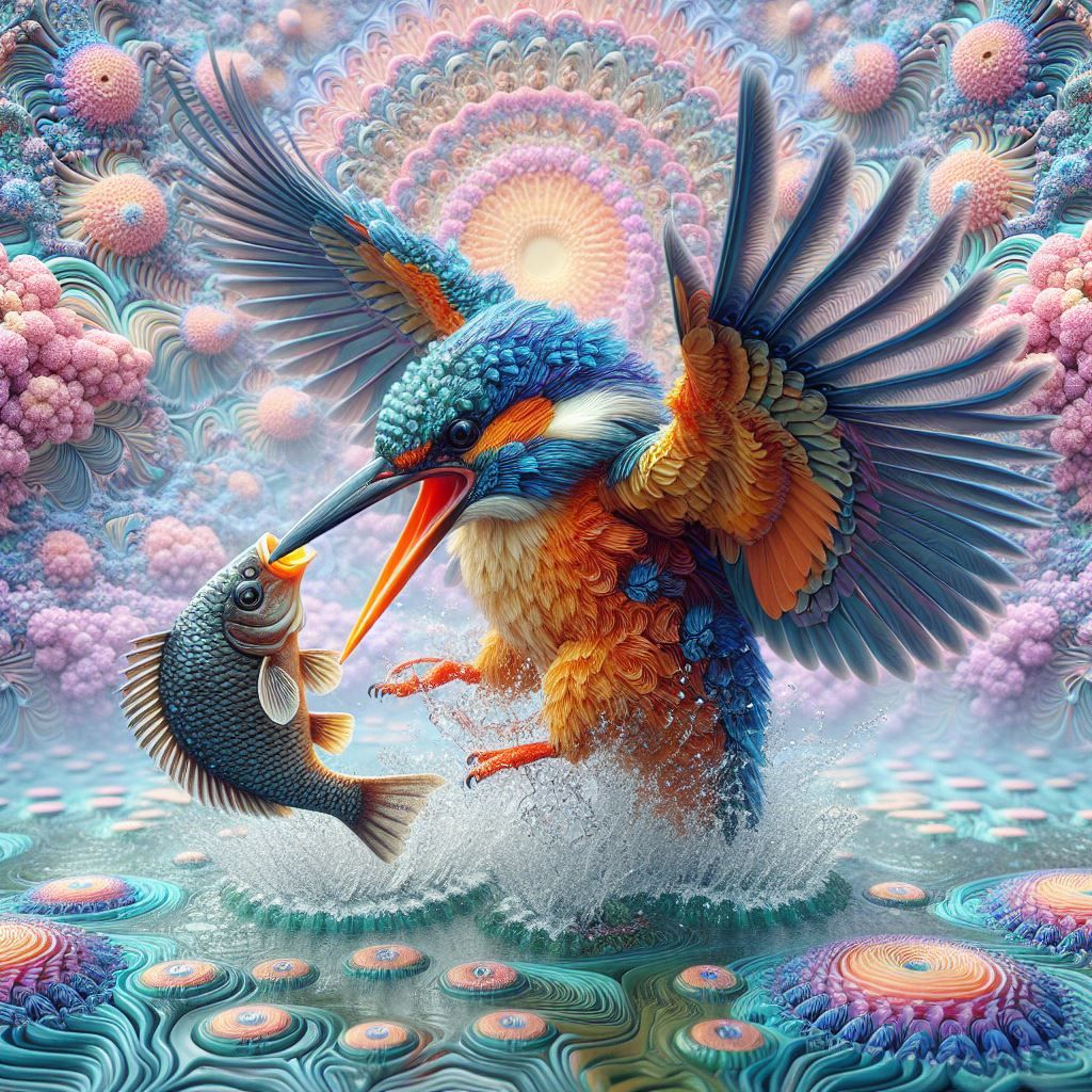 Fractal Kingfisher with fish
