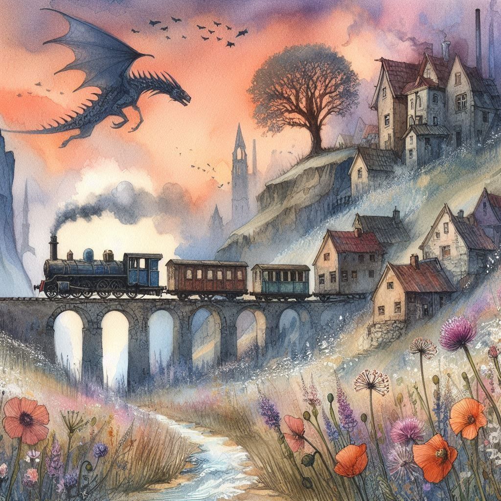 an old train on rickety tracks floating in the air