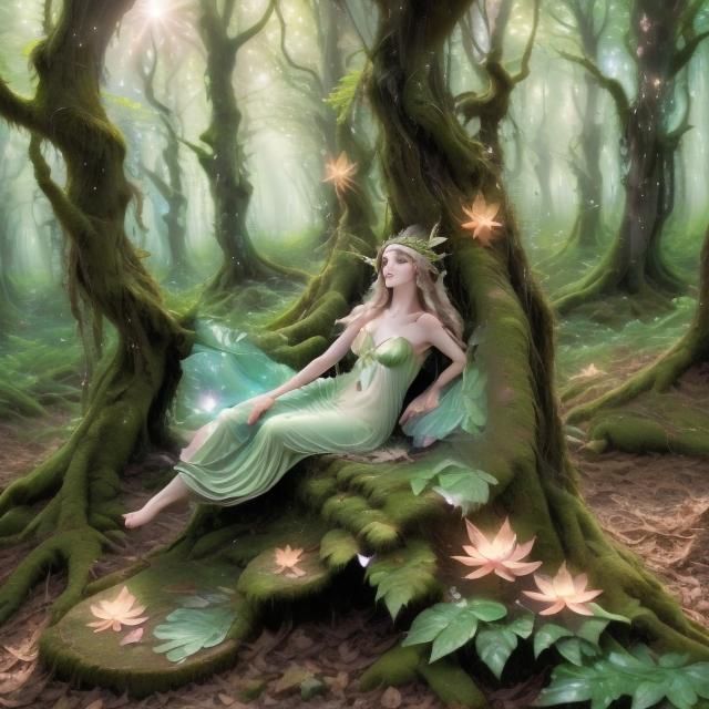 <lora:Faefortas:1.0> forest fae woman sitting under a tree relaxing enjoying the moment of the day by Star