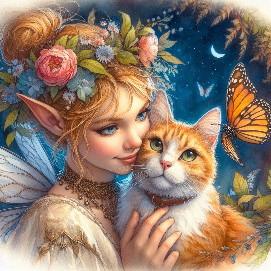 A fairy portrait watercolour, befriending a domestic cat