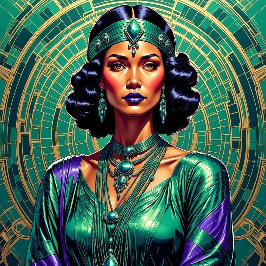  <lora:Native Art Deco:1.0> art Deco portrait of a native woman in Violet, peacock blue and emerald green