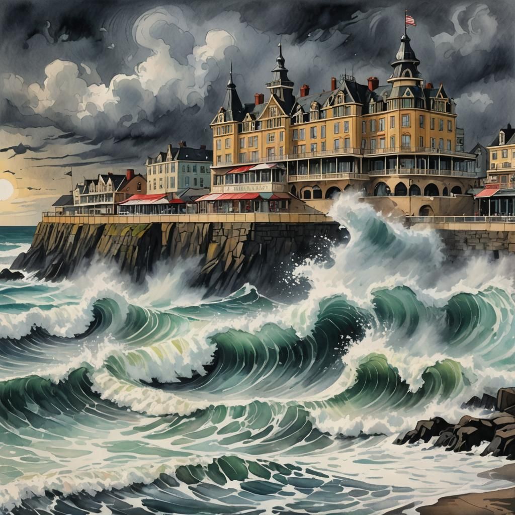 Scarborough Seaside Hotel, Stormy Weather, Huge Waves.