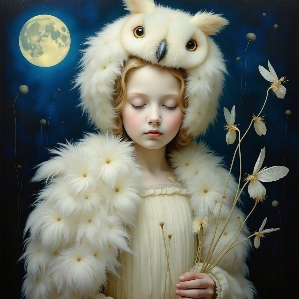 <lora:FLOWERY:1.0> A delicate, porcelain-skinned young girl with an adorable expression, dressed in a flowing white owl costume, complete wi...