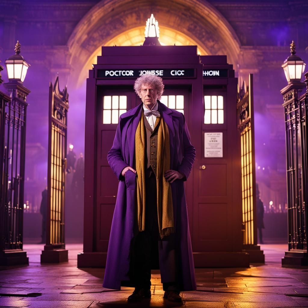Tom Baker Doctor Who standing in front of tardis at the gate...