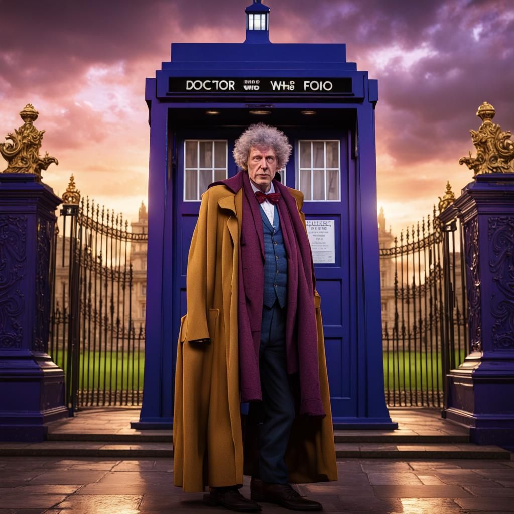 Tom Baker Doctor Who standing in front of tardis at the gate...