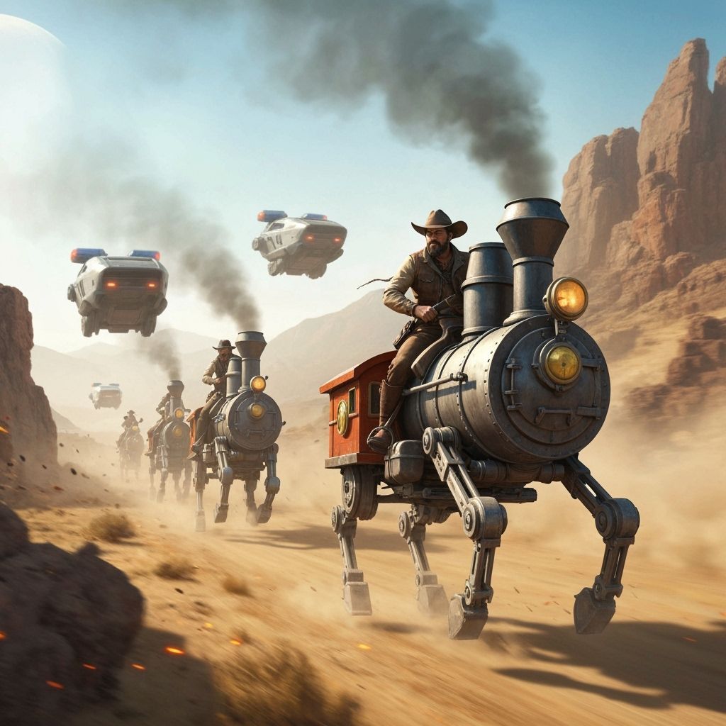 A high-speed chase on a dusty, frontier-style planet where cowboys are riding robotic horses that resemble ...  by @Kyle Kriebel