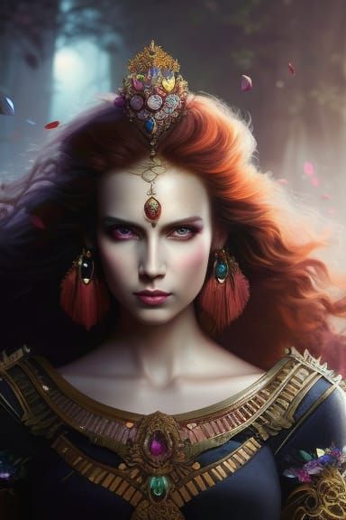 Gorgeous Queen with beautiful curly red hair,  rainbow gems,...