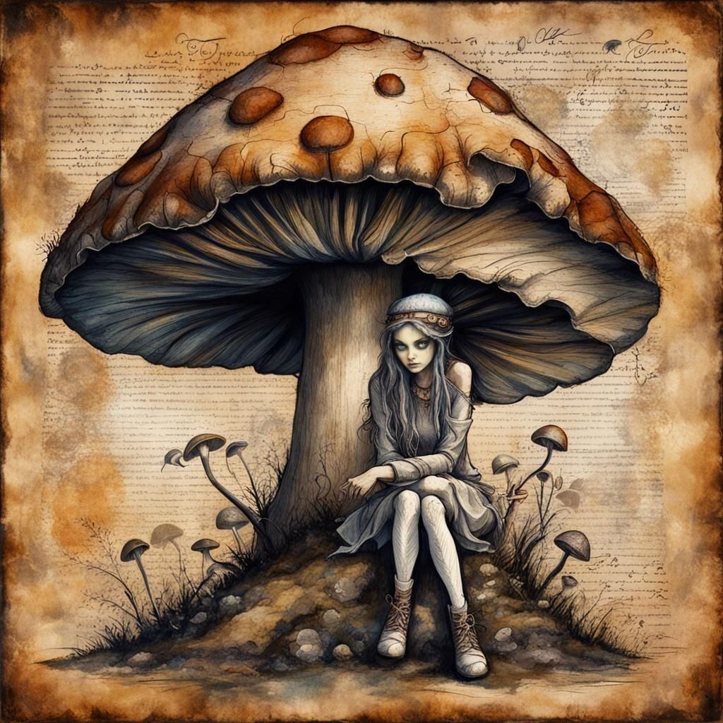 Mischievous Fairy on Mushroom, Papyrus Art