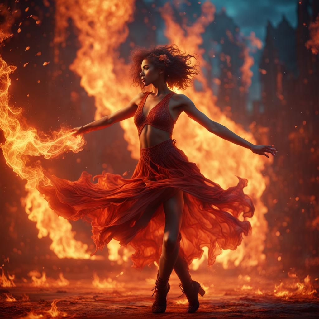 Girl Dancing in Fire: Detailed Fantasy Art